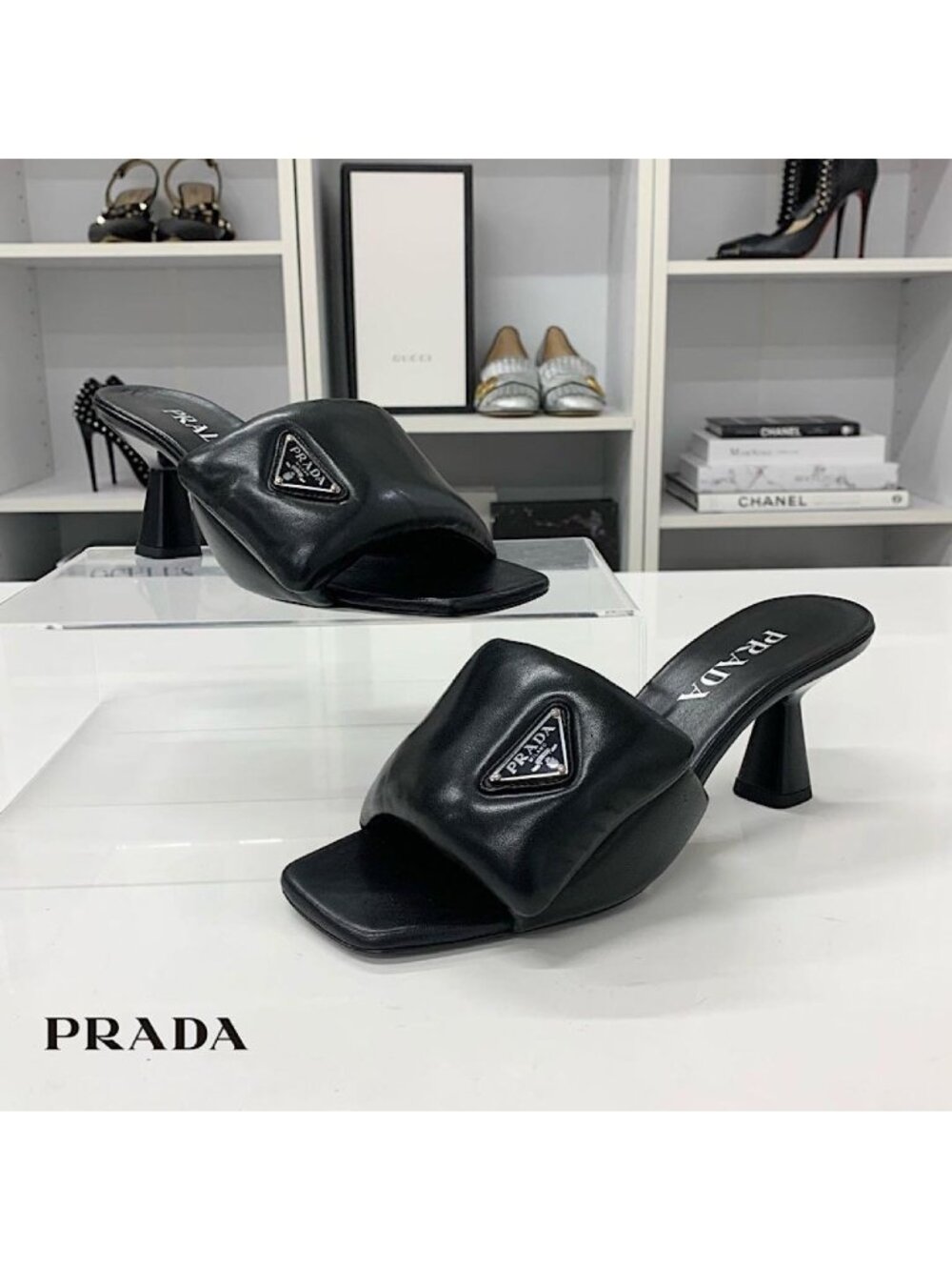 Prada Triangle Logo Padded Nappa Leather Sandals Black - Picture 1 of 10